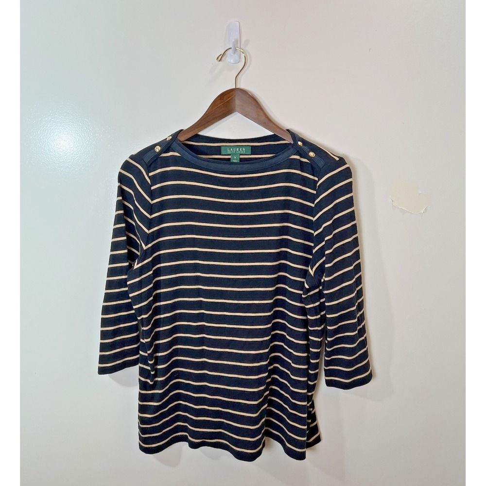 Lauren Ralph Lauren Womens Breton Striped Shirt Size 1X Black Tan Classic Preppy